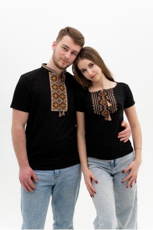 Set of black embroidered T-shirts Brown diamonds
