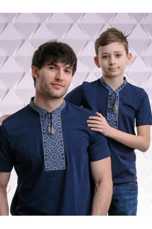Set of blue embroidered t-shirts Father and son Blue ornament