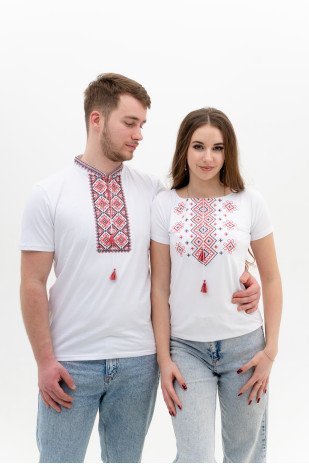 Set of white embroidered T-shirts Carpathian red ornament