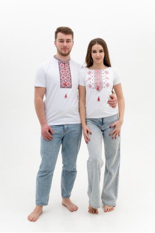 Set of white embroidered T-shirts Carpathian red ornament