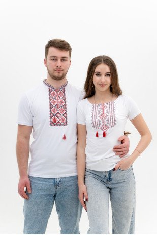Set of white embroidered T-shirts Red diamonds