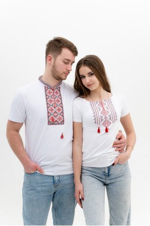 Set of white embroidered T-shirts Red diamonds